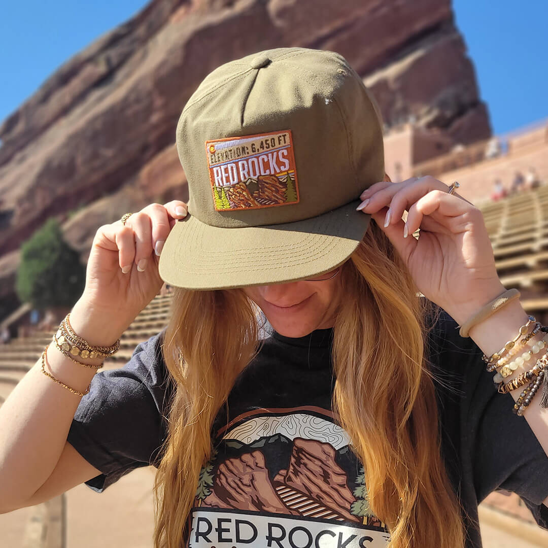 Red Rocks Hat - Unstructured Flatbill - Olive - Retro Patch