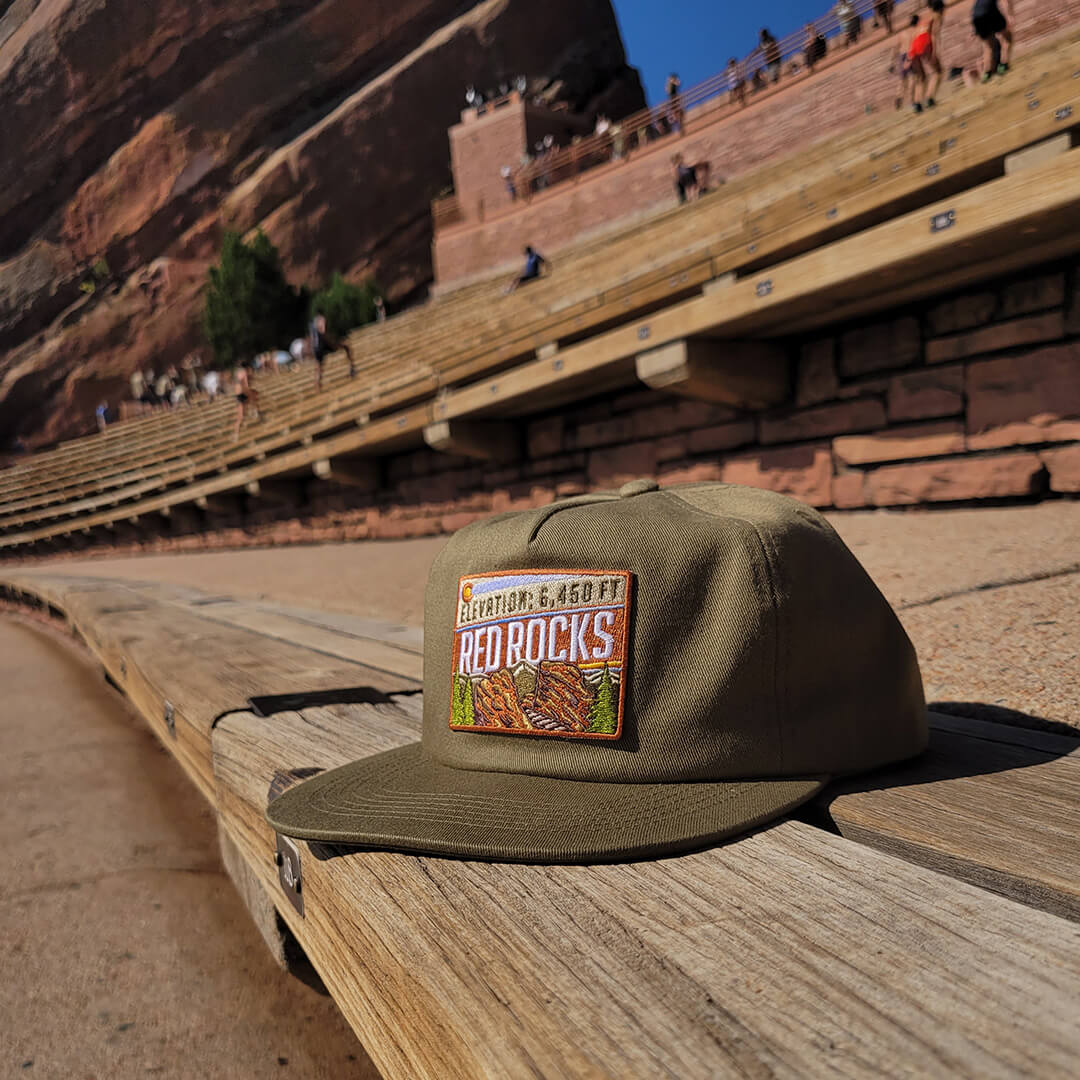 Red Rocks Hat - Unstructured Flatbill - Olive - Retro Patch