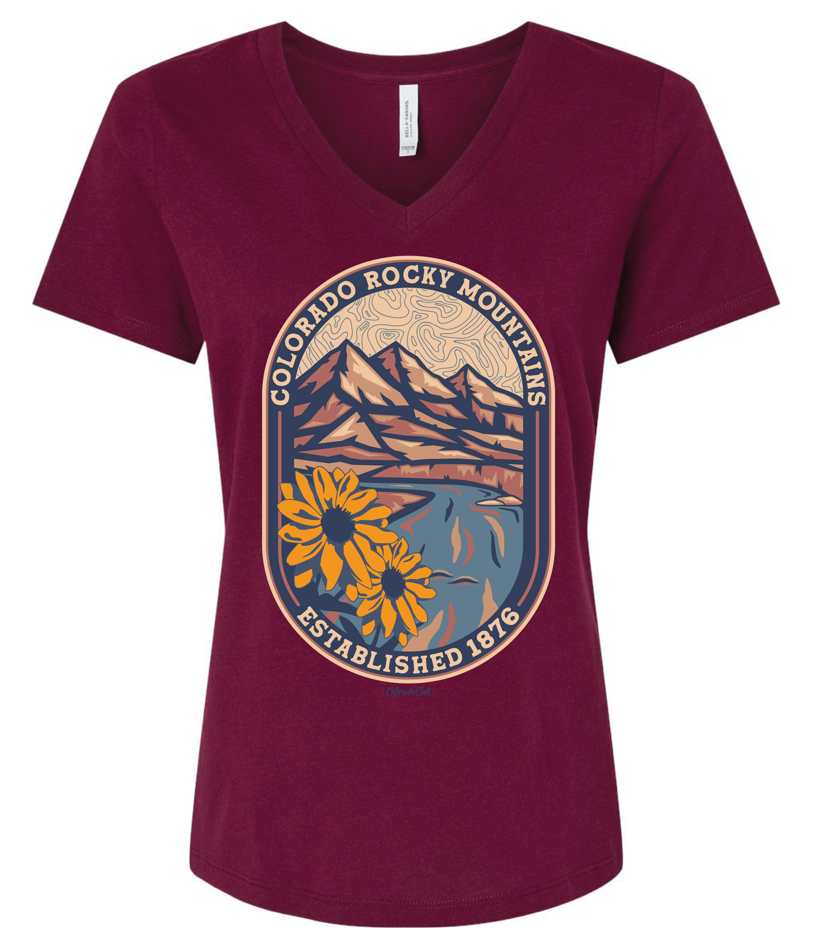 Sunflower Scape V-Neck T-Shirt - Women's - Maroon