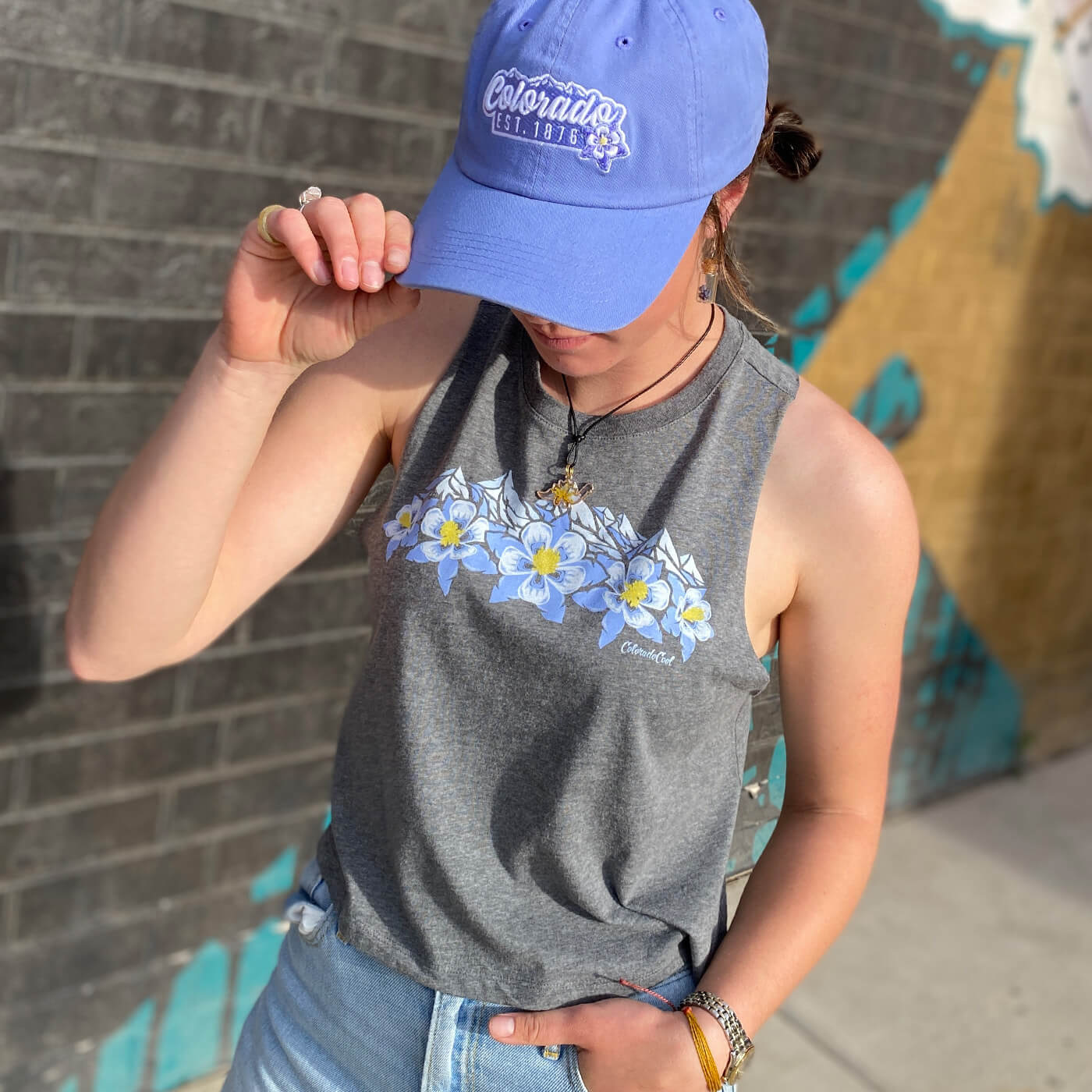 Floral Range Crop Tank Top - Women's - Heather Gray