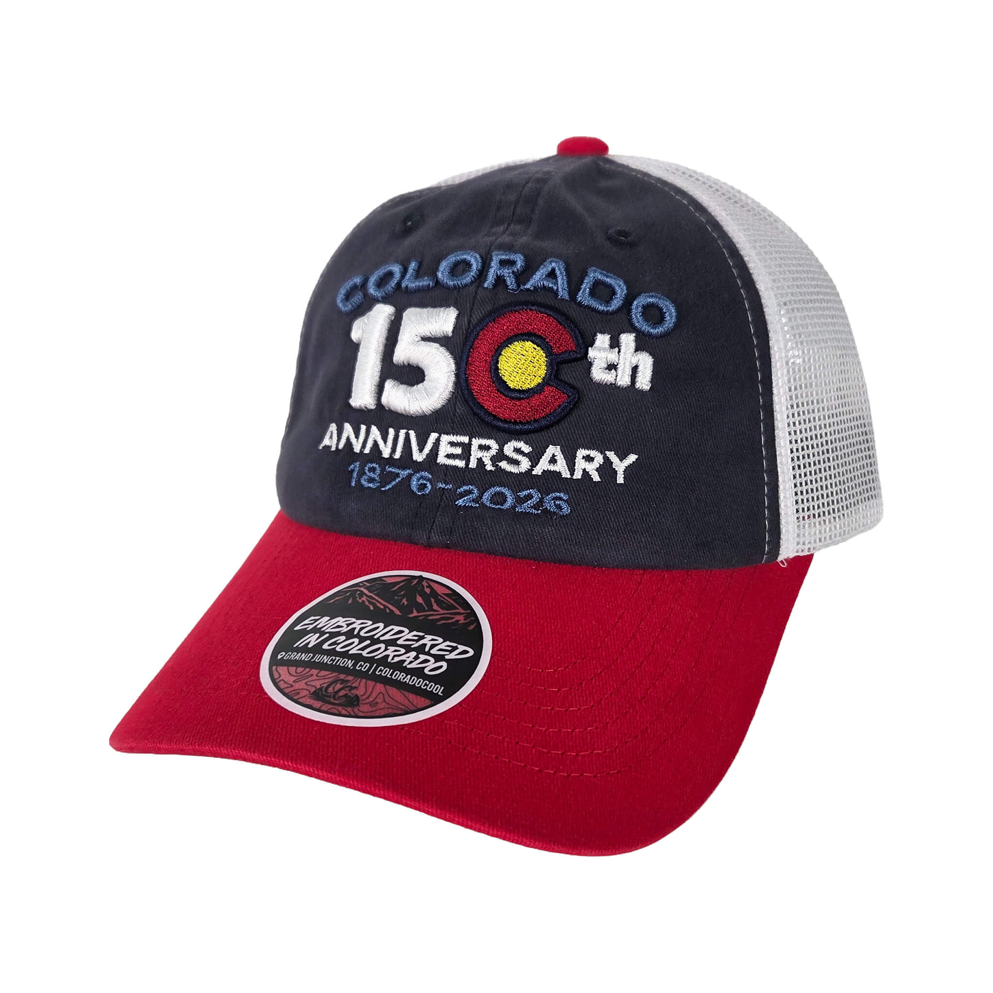 Colorado 150th Arched Trucker Hat - Unstructured - Navy/Red/White