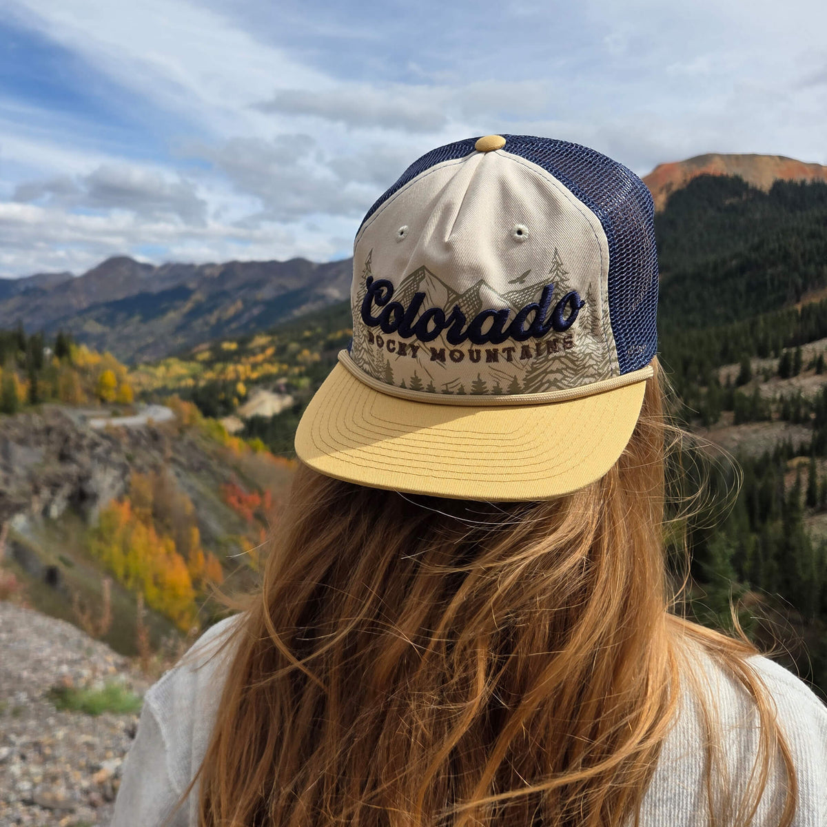 Draft - Sketched Landscape Flat Hat - Beige/Amber/Yellow - Embroidered