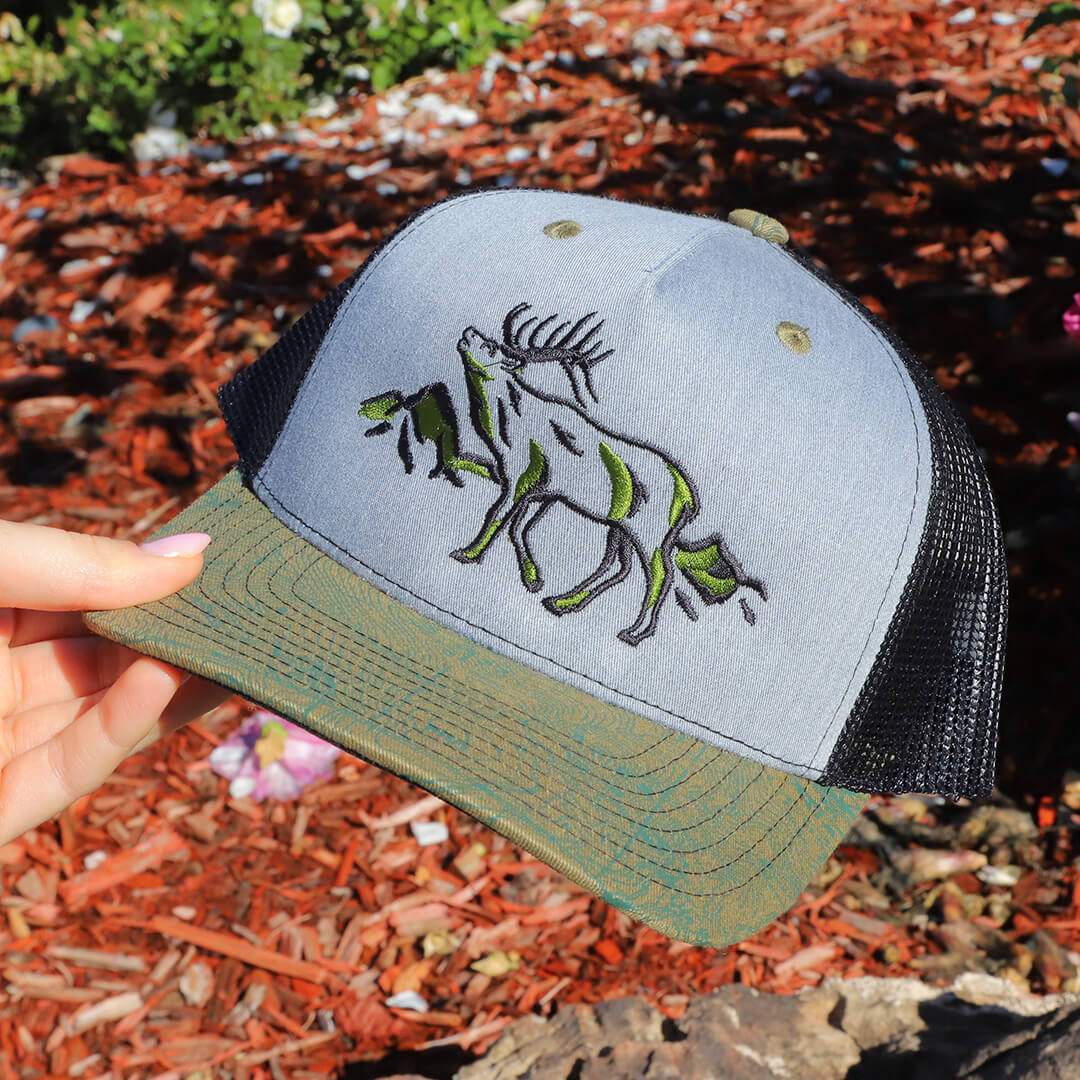 Roaming Elk - Grey/Olive Topo Trucker Hat