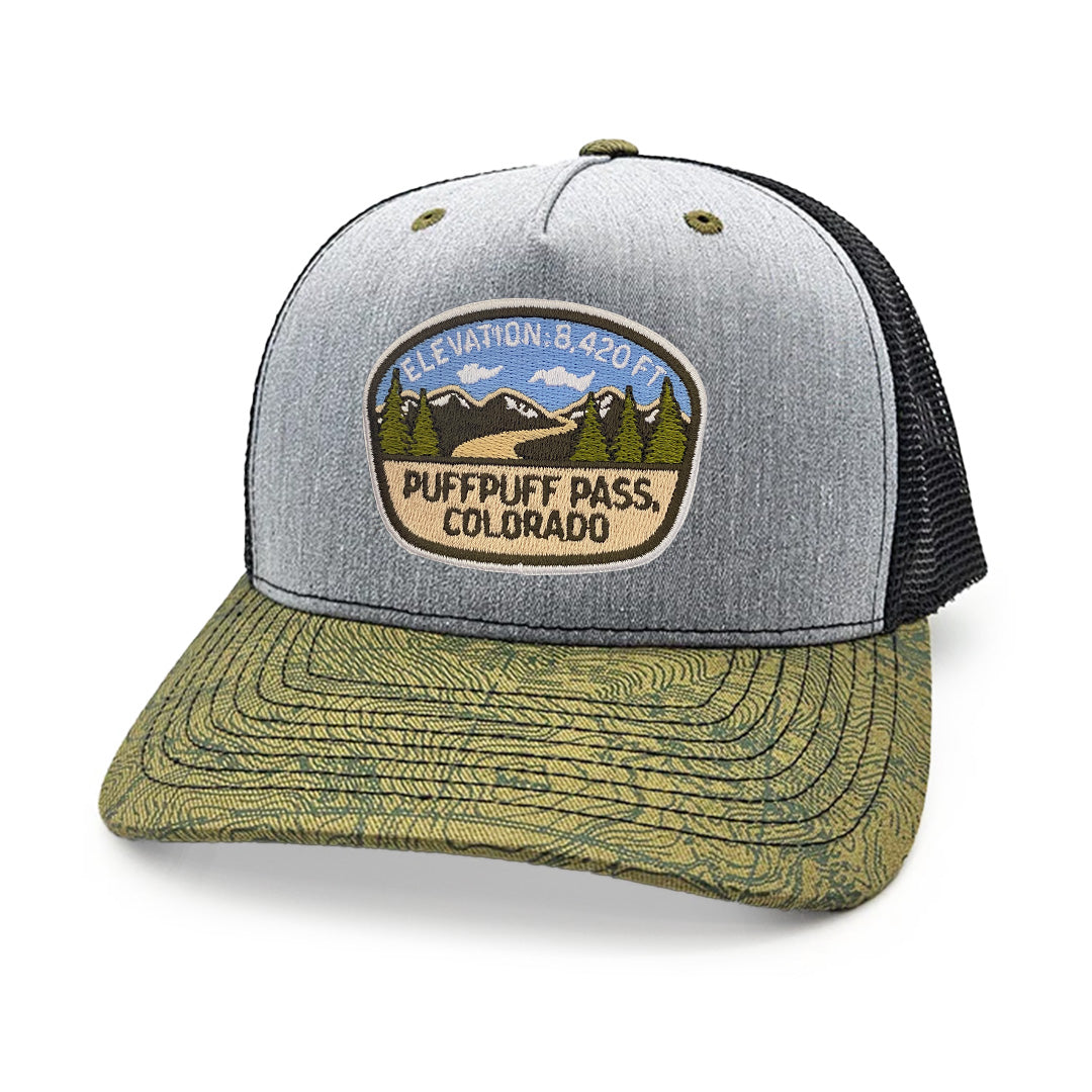 PuffPuff Pass - Suit Trucker Hat - Gray/Black/Olive Topo