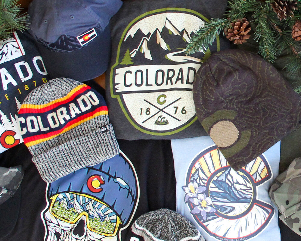 Collage layout of Colorado themed products - hats, t-shirts & beanies