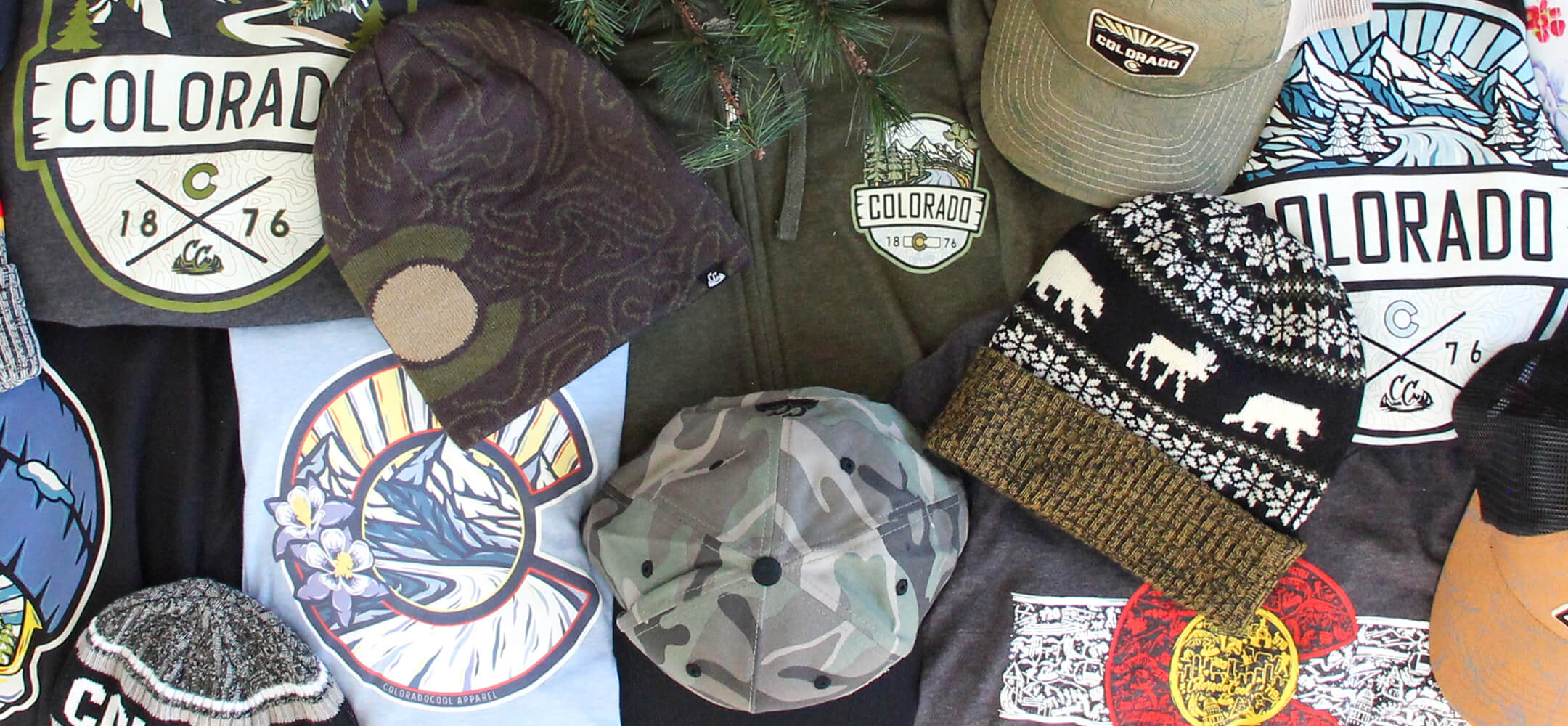 Collage layout of Colorado themed products - hats, t-shirts & beanies