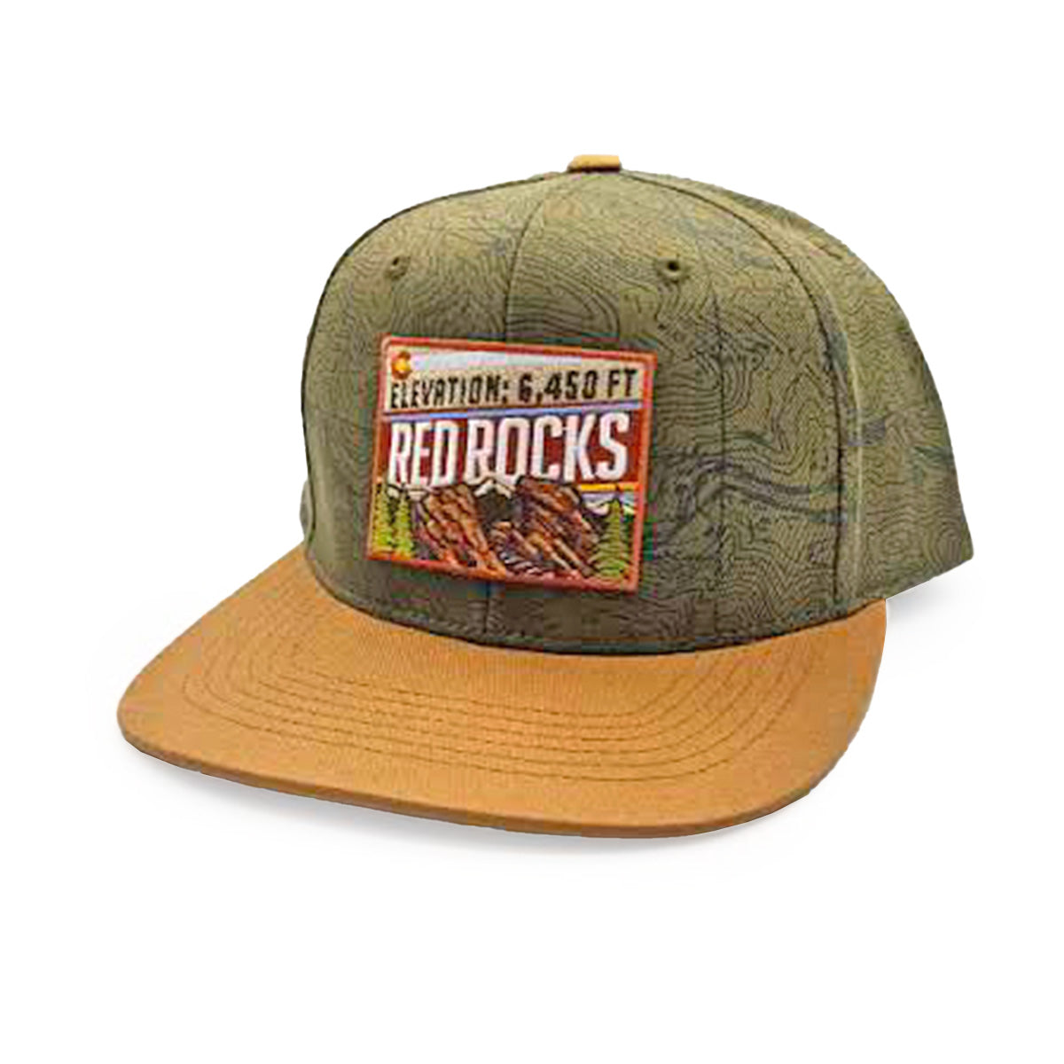 Red Rocks Topo Flatbill Hat- Olive/Canvas - Retro Patch