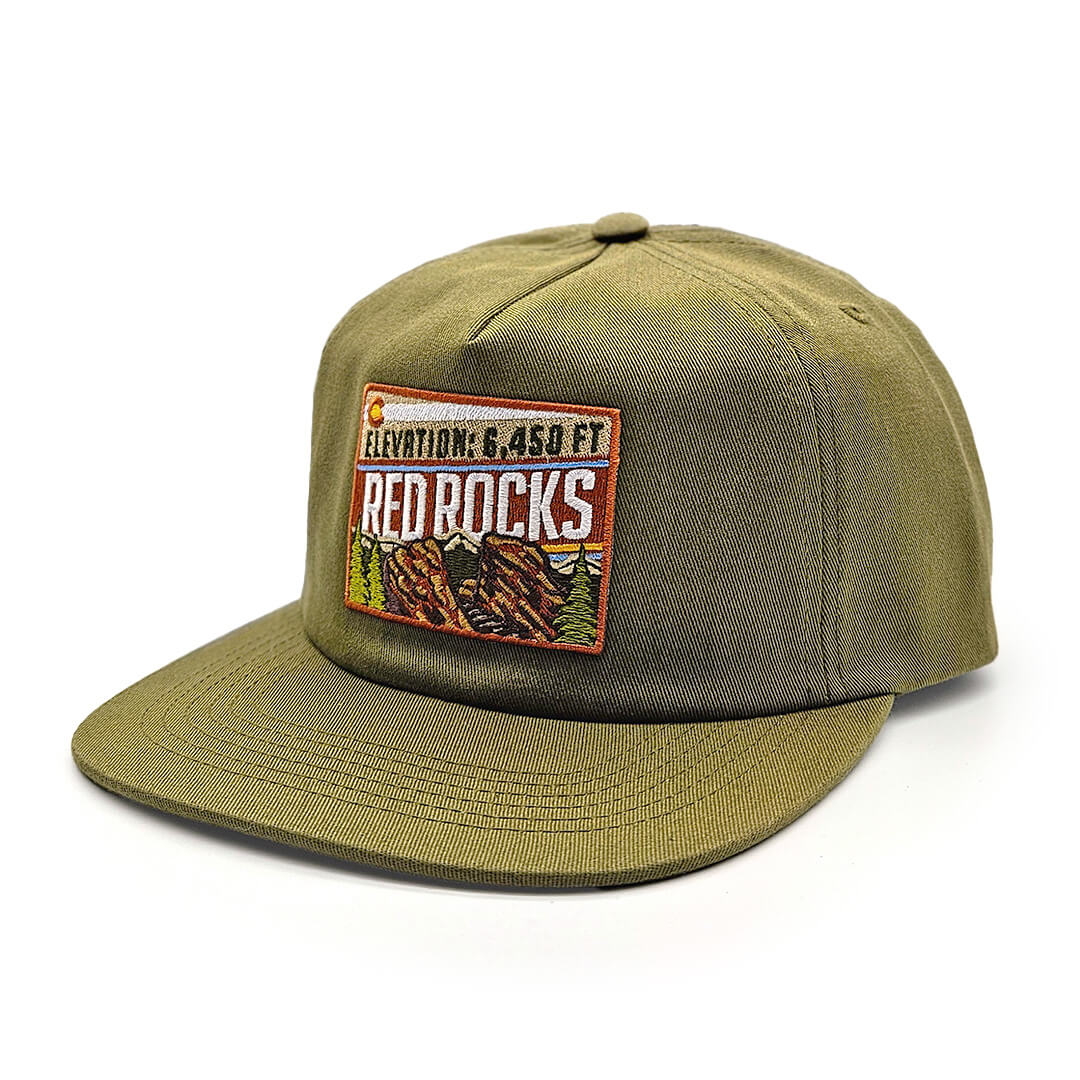 Red Rocks Hat - Unstructured Flatbill - Olive - Retro Patch