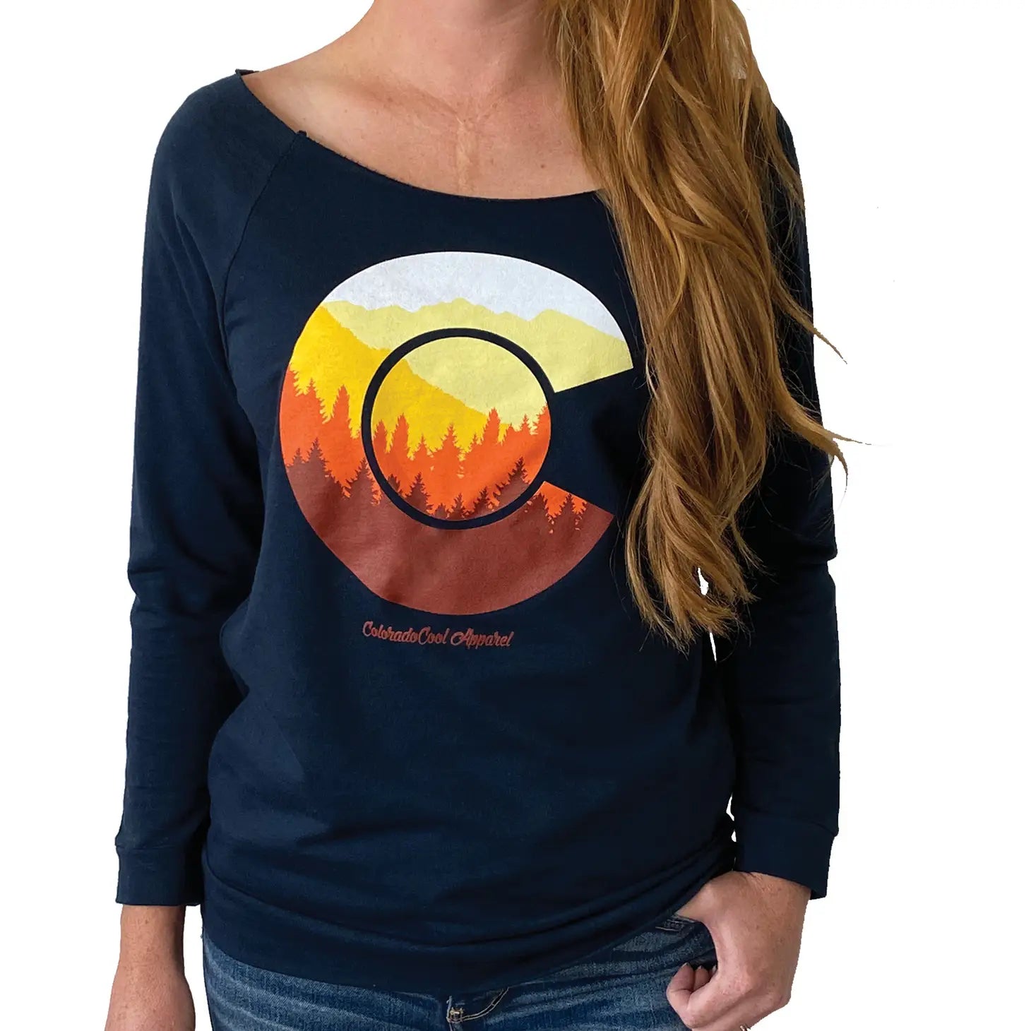 Treeline Colorado Flag Sweater Womens Navy Sunset Shop for Colorado T shirts Online ColoradoCool Apparel Small